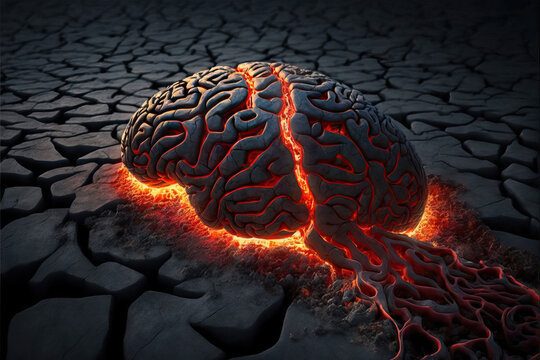 Brain in hot lava on surface with cracks