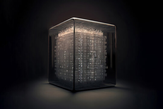 Glass cube with illuminated digital schemes