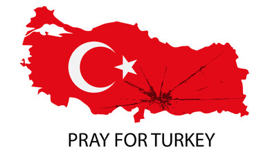 Pray for Turkey. Map of Turkey in color of national flag with cracks. Turkey earthquake. Vector illustration