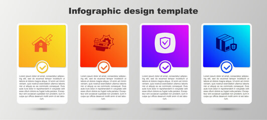 Set House and lightning, Car accident, Shield and Delivery security with shield. Business infographic template. Vector