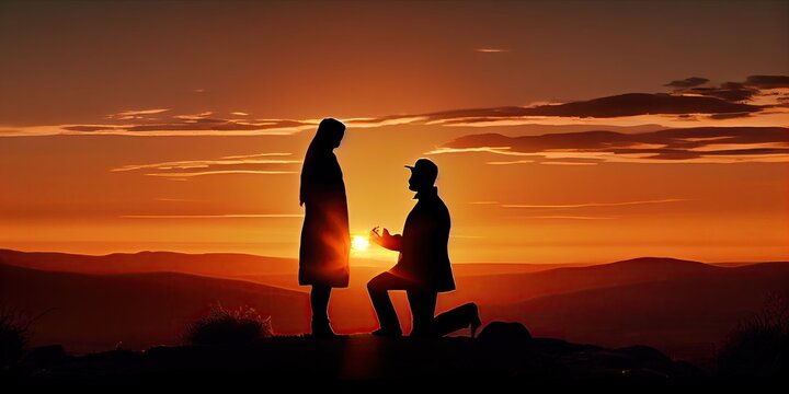 Romantic marriage proposal, beautiful sunset backdrop, couple silhouettes - generative ai