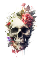 Watercolor Floral Skulls Clipart PNG Sublimation, Transparent Skulls with Flowers, witch png, Flower skull Clipart, generative ai.