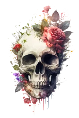 Deurstickers Aquarel doodshoofd Watercolor Floral Skulls Clipart PNG Sublimation, Transparent Skulls with Flowers, witch png, Flower skull Clipart, generative ai.