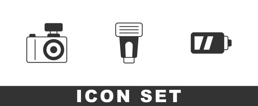 Set Photo camera, flash and Battery for icon. Vector