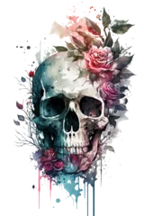 Photo sur Plexiglas Crâne aquarelle Watercolor Floral Skulls Clipart PNG Sublimation, Transparent Skulls with Flowers, witch png, Flower skull Clipart, generative ai.