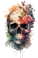 Fotobehang Aquarel doodshoofd Watercolor Floral Skulls Clipart PNG Sublimation, Transparent Skulls with Flowers, witch png, Flower skull Clipart, generative ai.
