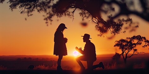 Fototapeta na wymiar Romantic marriage proposal, beautiful sunset backdrop, couple silhouettes - generative ai
