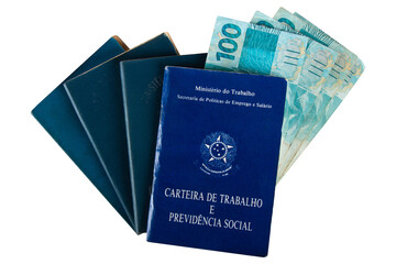 Brazilian work card and banknotes of one hundred reais. labor portfolio and social security