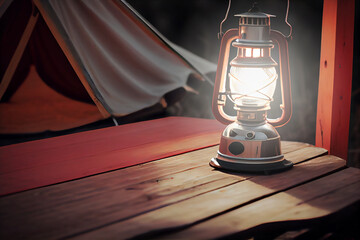 Vintage camping lamp on the wooden table. Generative AI.