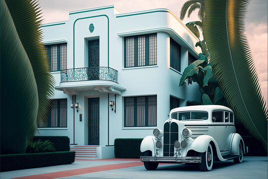 Art deco style building exterior, tropical, Florida. Generative AI