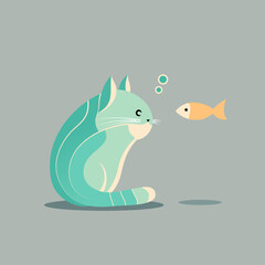 Stylized cat in the water with golden fish and bubbles in the water. The cat that looks at the fish. 