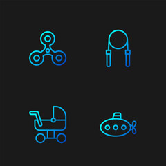 Set line Submarine toy, Baby stroller, Fidget spinner and Jump rope. Gradient color icons. Vector