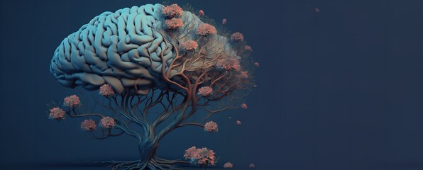A human brain tree decorated with flowers, a self-care and mental wellness notion, and a creative mind. Generative Ai.
