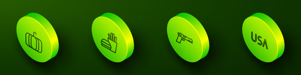 Set Isometric line Pumpkin, Burger and french fries, Pistol or gun and USA label icon. Vector