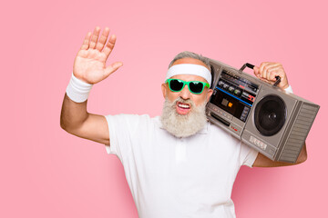 Yeah bro Whats up Cheerful excited aged funny sexy gangster cool grandpa dude in eyewear with bass...