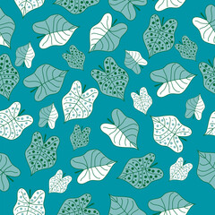 Vector Caladium leaves white green dotted seamless pattern background. Perfect for fabrics, wallpaper, scrapbooking and giftwrap projects.