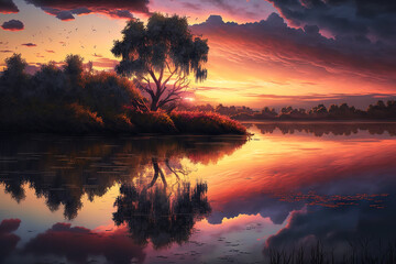sunset over the lake.Generative Ai