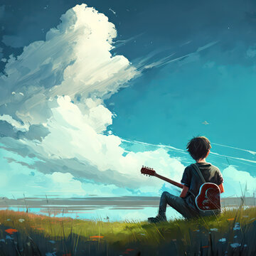 Boy Playing Guitar Sitting On The Grass Field With Sky View. Guitar Boy Looking At The Horizon. Digital Art Style. Illustration Painting.