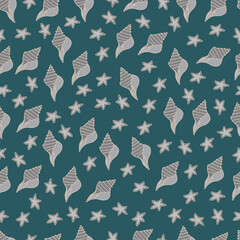 Vector curvy conches starfishes grey deep green seamless pattern background. Suitable for fabrics/ home-decor, wallpaper, giftwrapping and  scrapbooking projects.