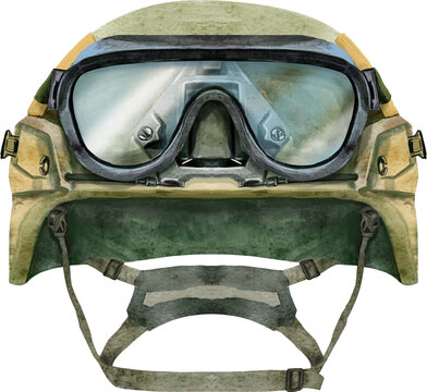 Military tactical helmet with goggles. Soldier hat. Watercolor illustration. Isolated