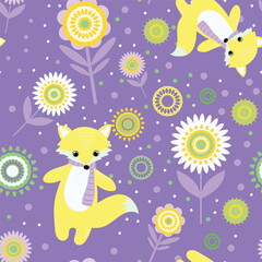 Seamless pattern with decorative flowers and foxes.Vector file for designs.