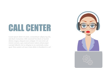 Beautiful austere brunette sitting at her laptop with headphones. Vector banner with call center or tech support worker on white background with space for your text.  