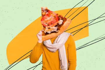 Creative collage image of man arm hold big piece pizza instead head isolated on drawing background