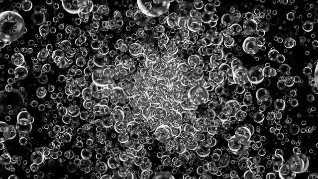Fast exploding air bubbles. Underwater bubbles animation. Overlay. Black background. 59,94fps