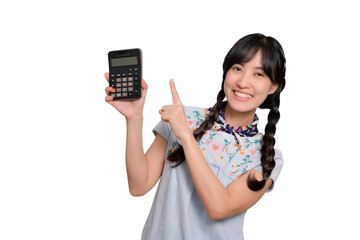 Portrait of beautiful young asian woman in denim dress holding calculator on white background. business shopping online concept.