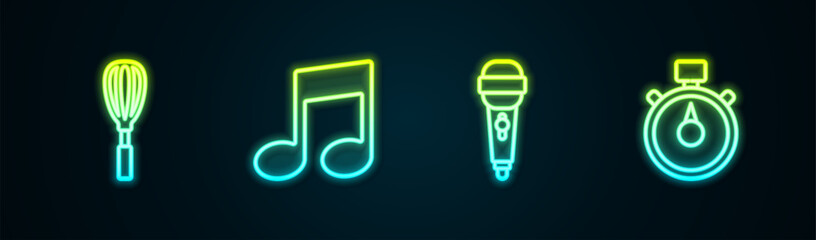 Set line Kitchen whisk, Music note, tone, Microphone and Stopwatch. Glowing neon icon. Vector