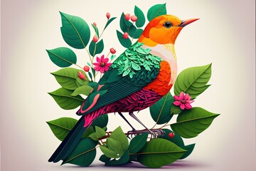 AI, a multi-colored bird sits on a branch. A chick with an orange-green color among the leaves. Illustration on a white background. Small pink flowers