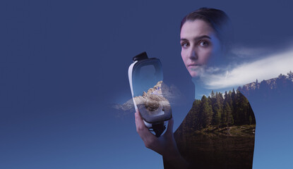 Woman viewing a beautiful natural panorama in VR