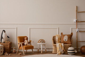 Warm and cozy kids room interior with orange armchair, white stool, round rug, braided armchair,...