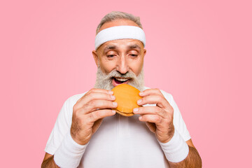 Close up of modern athlete cool grey haired pensioner grandpa hold yummy tasty delicious heavy...