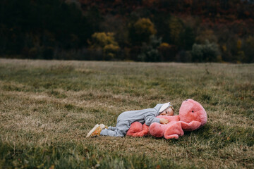 Little child wearing a bunny costume, laying with a big pink plush bunny toy, hugging it, outdoors, in an open field.
