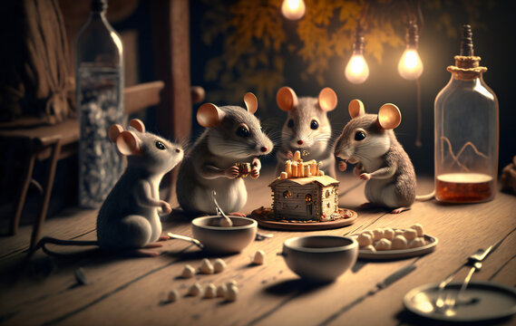 Cute Mice Family Eating Dinner. Created With Generative AI Technology.