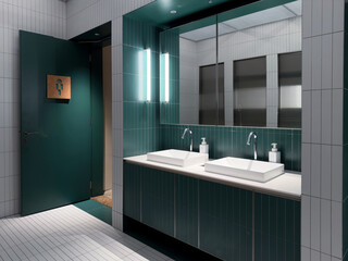 Contemporary interior of public toilet with Green tile walls