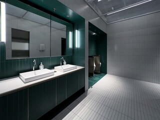 Contemporary interior of public toilet with Green tile walls