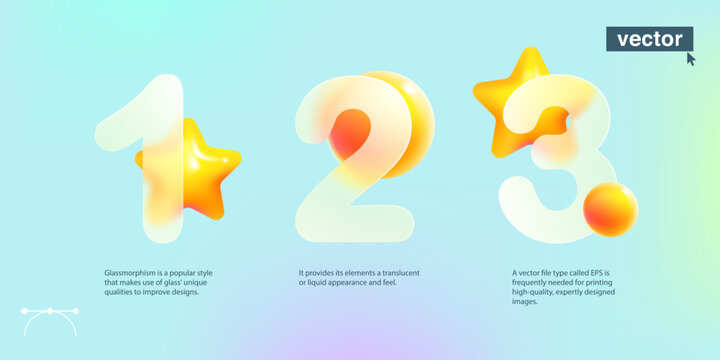 Chart infographics with 3 step in glassmorphism style with star logos. Vector 3D achievement icons.