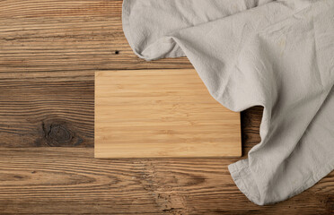 Old Wood Cutting Board Mockup, Vintage Chopping Board Background, Rustic Napkin, Empty Cut Desk Top View