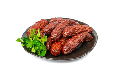 Dry Smoked Sausages Isolated, Salami Sticks, Kielbasa, Cabanossi, Kabanos, Dry Embutido, Chorizo, Bratwurst