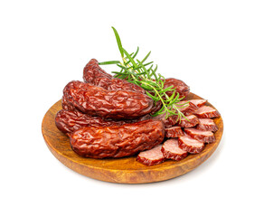 Dry Smoked Sausages Isolated, Salami Sticks, Kielbasa, Cabanossi, Kabanos, Dry Embutido, Chorizo, Bratwurst