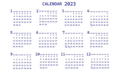 2023年のシンプルな年間カレンダー