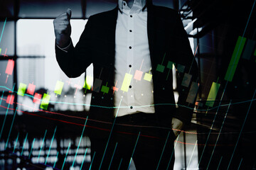 Double exposure of young business man and digital number of stock market background to represent successful in investment marketing. Find out the best solution in business and financial as concept.