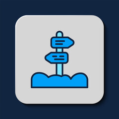 Filled outline Road traffic sign. Signpost icon isolated on blue background. Pointer symbol. Street information sign. Direction sign. Vector