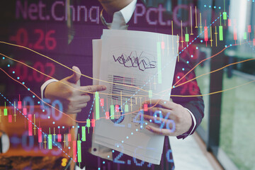 Double exposure of young business man and digital number of stock market background to represent successful in investment marketing. Find out the best solution in business and financial as concept.