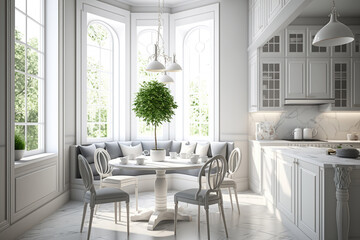 Fototapeta na wymiar Luxurious interior design of white kitchen, dining room with windows