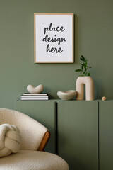 Elegant living room interior design with mockup poster frame, modern frotte armchair, wooden commode and stylish accessories. Eucalyptus wall. Template. Copy space.