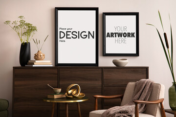Iterior design of elegant apartment with poster, commode,  armchair with plaid, coffee table and personal accessories. Gray concrete wall. Mock up poster. Template.