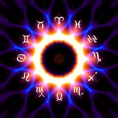 Magic circle with zodiacs sign on abstract black background.